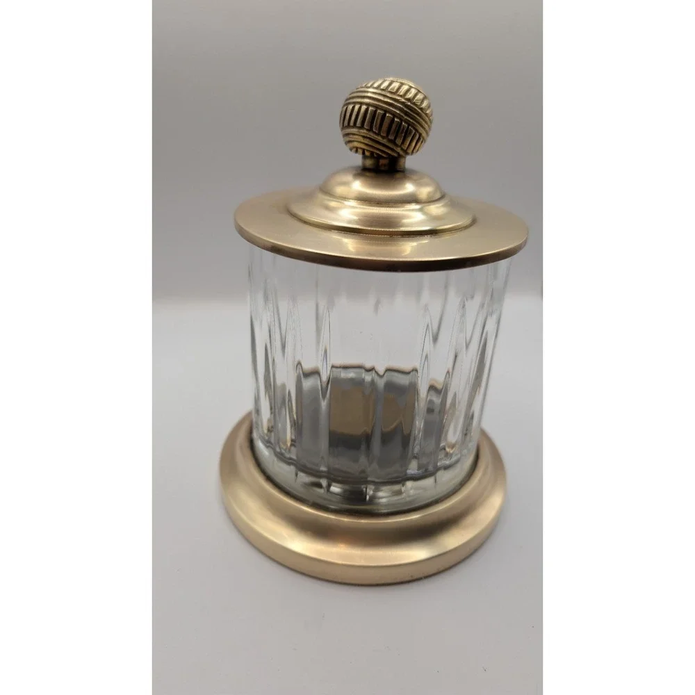 Home Centre Panama Canal Glass Cotton Jar Brass Lid Ribbed Vanity Storage Vanity